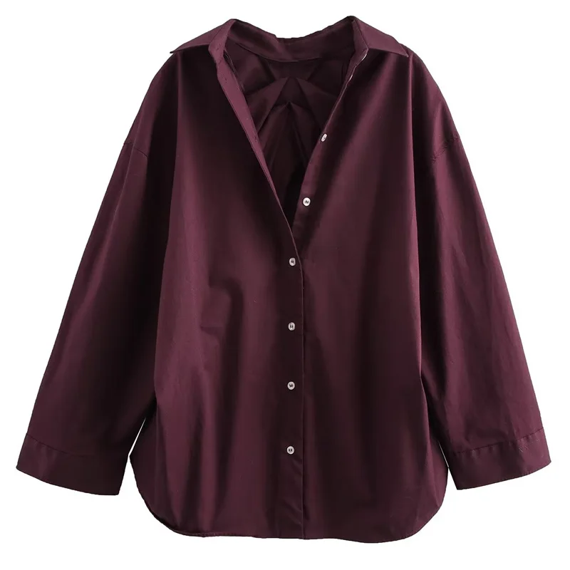 TRAF 2024 Woman Shirts & Blouses Women Blouse Burgundy Oversized Shirt Long Sleeve Frill Blouse Elegant Ruffle Loose Fit Blouse