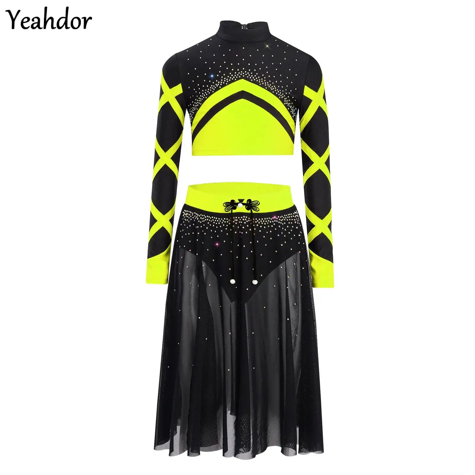 

Girls Gymnastics Ballet Costume Modern Lyrical Dance Set Long Sleeve Rhinestone Color Block Crop Top with Side Split Mesh Skirt