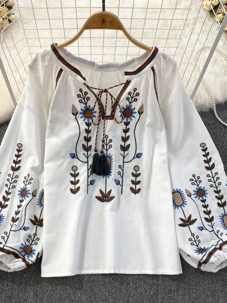 Loose Cotton Linen Embroidered round Ne Pullover irt Women's Casual Top Ethnic Sle Spring Autumn Retro Artistic Faion