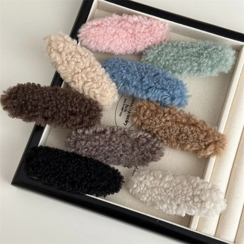 Autumn Winter Warm Color Lamb Wool Hair clip Vintage Candy Color Plush Bangs Clip Side Clip Hair Accessories For Woman Girls