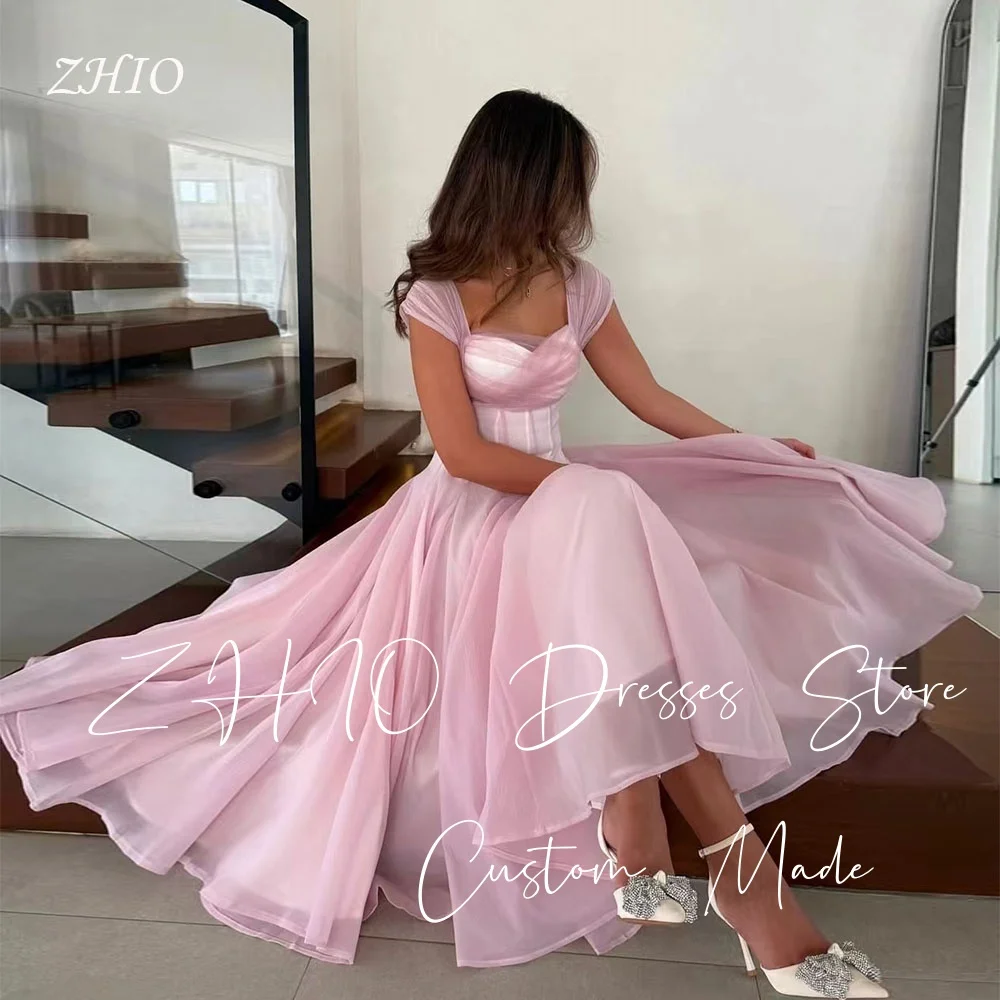 

ZHIO Princess Pink Birthday Party Dress Sweetheart Short Sleeves A-Line Draped Organza Saudi Arabic Evening Gown Customize Fairy