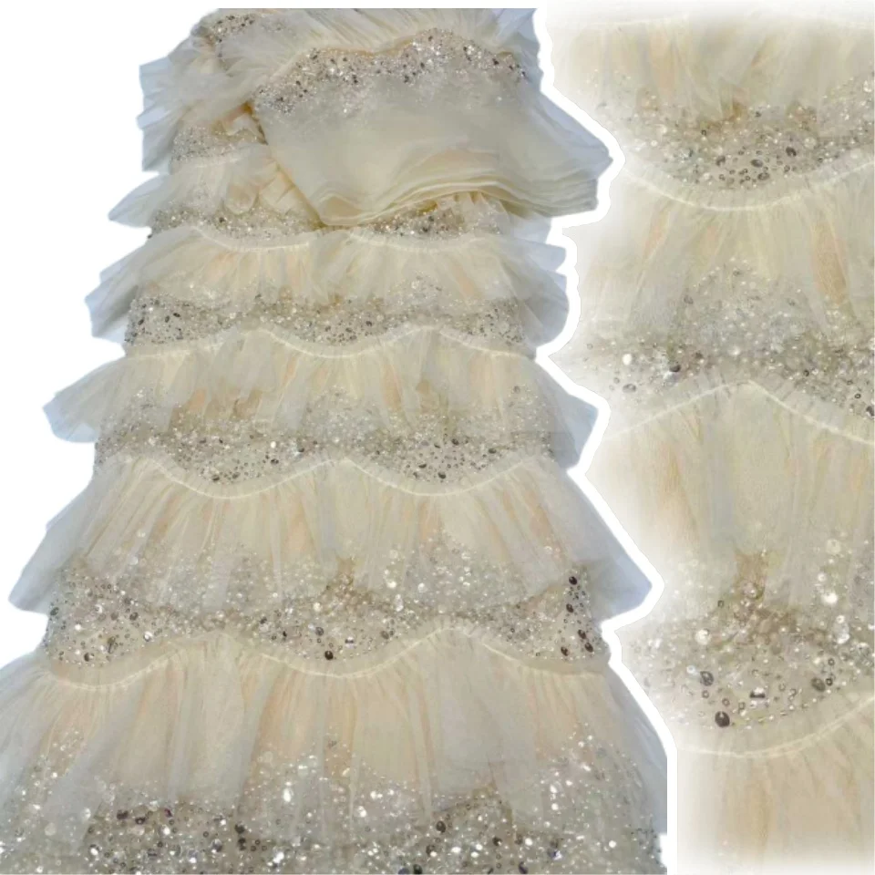 

Элегантная французская сетка с вышивкой бисером и блестками, сетчатое кружево высокого качества, африканский тюль с бисером, кружевная ткань для свадебных платьев AH1546