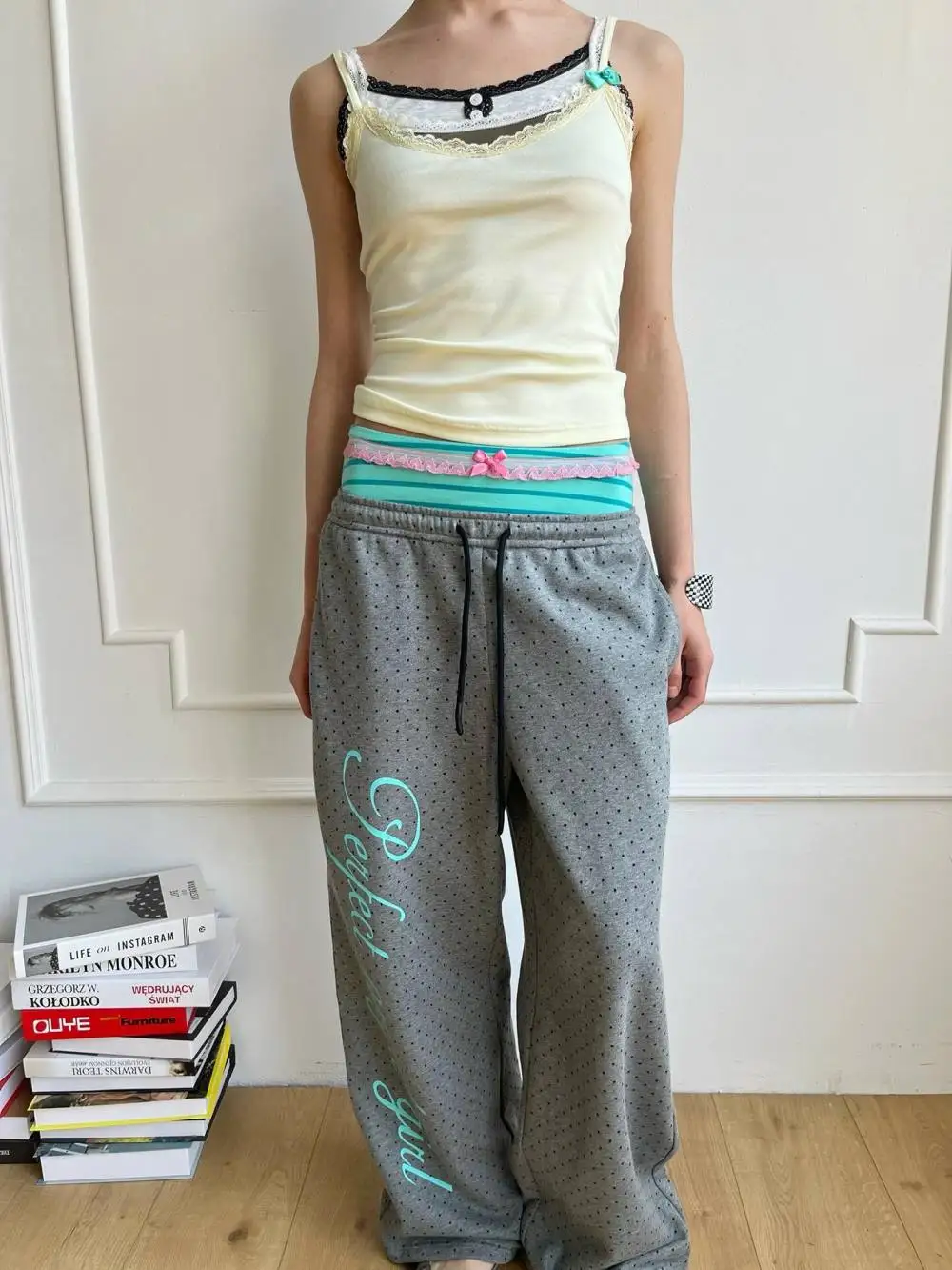 2026 New Y2K Letter Printed Polka Dot Splicing Fake Two-Piece Pants for Street Fashion, Niche Fashion, Versatile Daily Leisure
