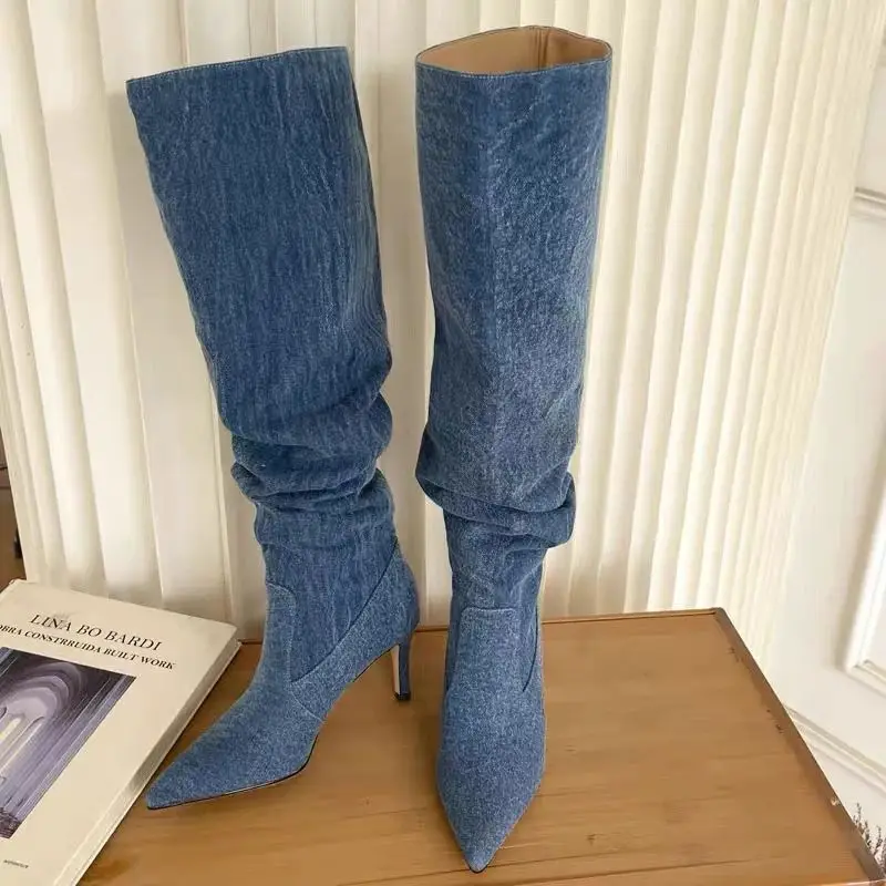 

Women's Pleated High Heel Denim Boots Autumn 2023 Faionable Jeans K Sle Comfortable Material 00% Other Material