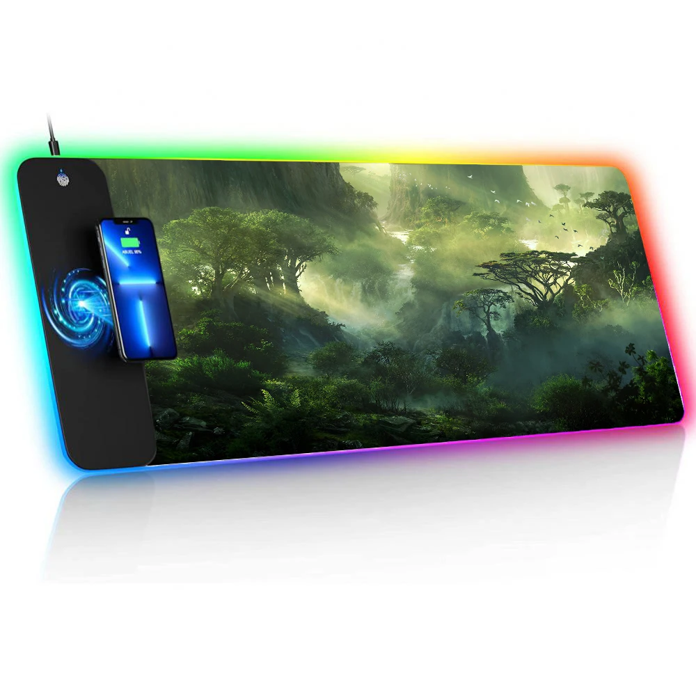 Wireless Charging Mouse Pad Extended Pad Desk Accessories Office Desk Pad Fantasy Jungle Waterfalls Gamer Room Decoration Rug