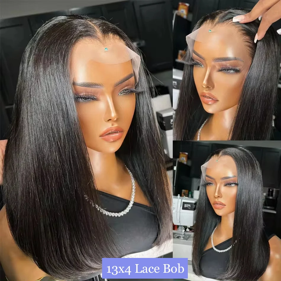 200% Straight Short Bob 13x4 Lace Frontal 100% Perucas de Cabelo Humano Transparente Lace Front Perucas 4x4 Encerramento Bob Peruca Para As Mulheres