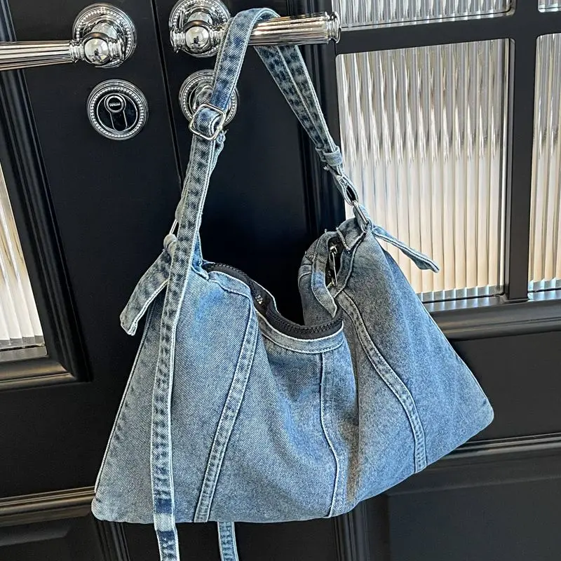 Denim Shoulder Bags for Women Soft Hobos Handbag with Zipper Female Foldable Crossbody Purse Female Travel Bag in Blue Black