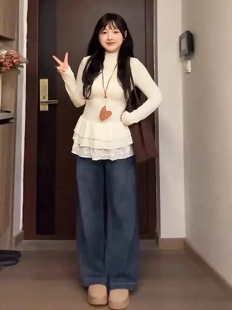 plus Size Women's Fce Lined Slim Fit Long Sve T-irt Lace Splice Waist Cinching Base Layer Top Trendy Autumn Wear