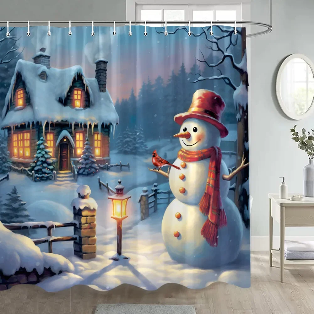 Christmas Snowman Shower Curtain Winter Forest Red Berry Birds Snowy Scene Xmas Bath Curtains Fabric Wall Hanging Bathroom Decor