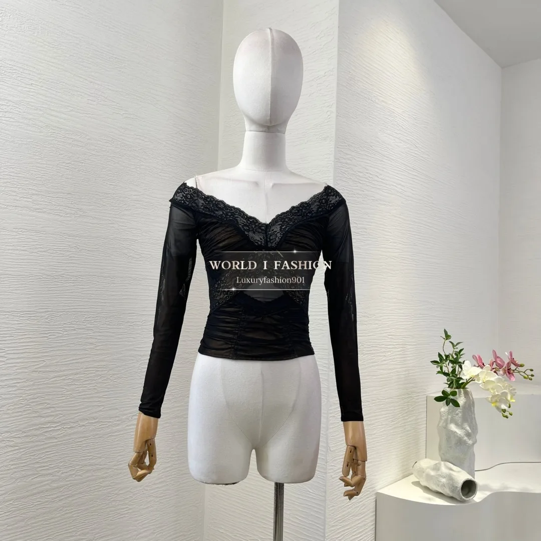 

Black Lace Patchwork Long Sleeve Ruched Tulle Off The Shoulder Tops