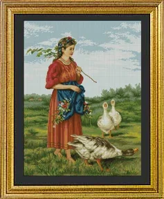 Amishop Top Quality Beautiful Lovely Counted Cross Stitch Kit Maid Lass Girl With Flower And Goose Geese Luca-s Luca