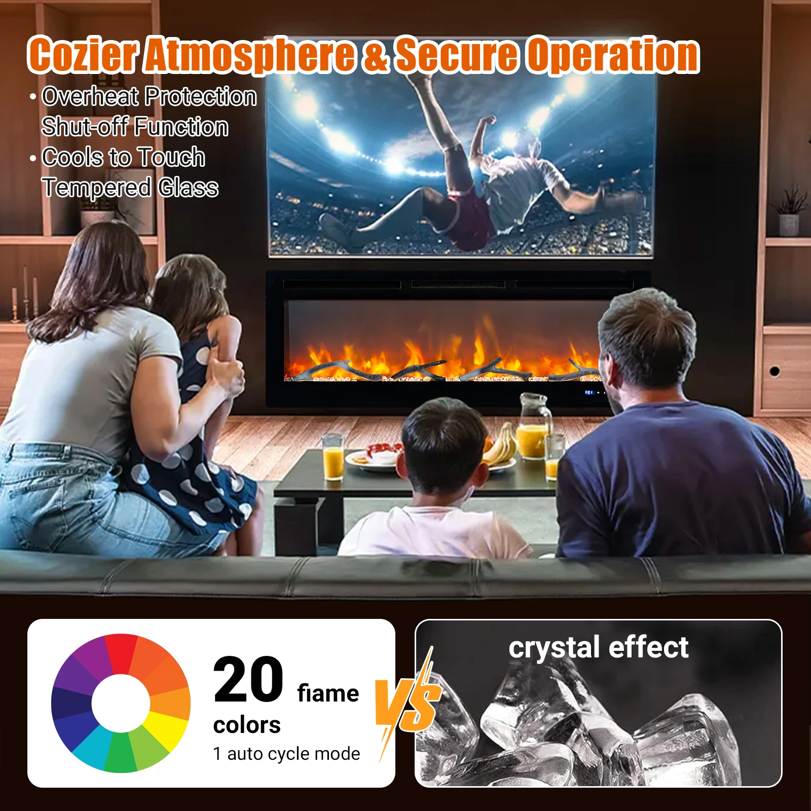 50 Inch Electric Fireplace Inserts, Recessed Wall Mounted Electric Fireplace Low Noise with Multicolor Flame, Crackling Sound, Alexa/Touch Panel/Remote Control, Wifi Enabled