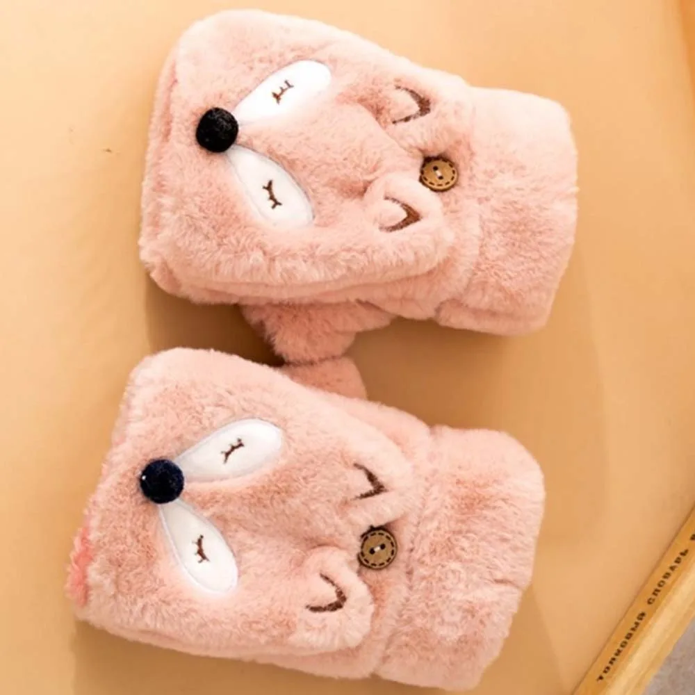 귀여운 가짜 토끼 머리 동물 플러시 장갑 부드러운 귀 플립 장갑 모피 두꺼운 반 손가락 장갑 여성