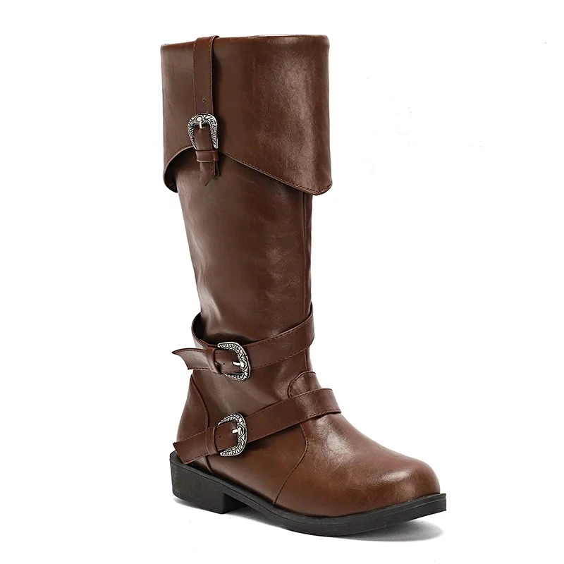 Caribbean Pirate Boots Halloween Costume Booties Mid Calf Historically Renaissance Medieval Cosplay Shoes Leather Footwear