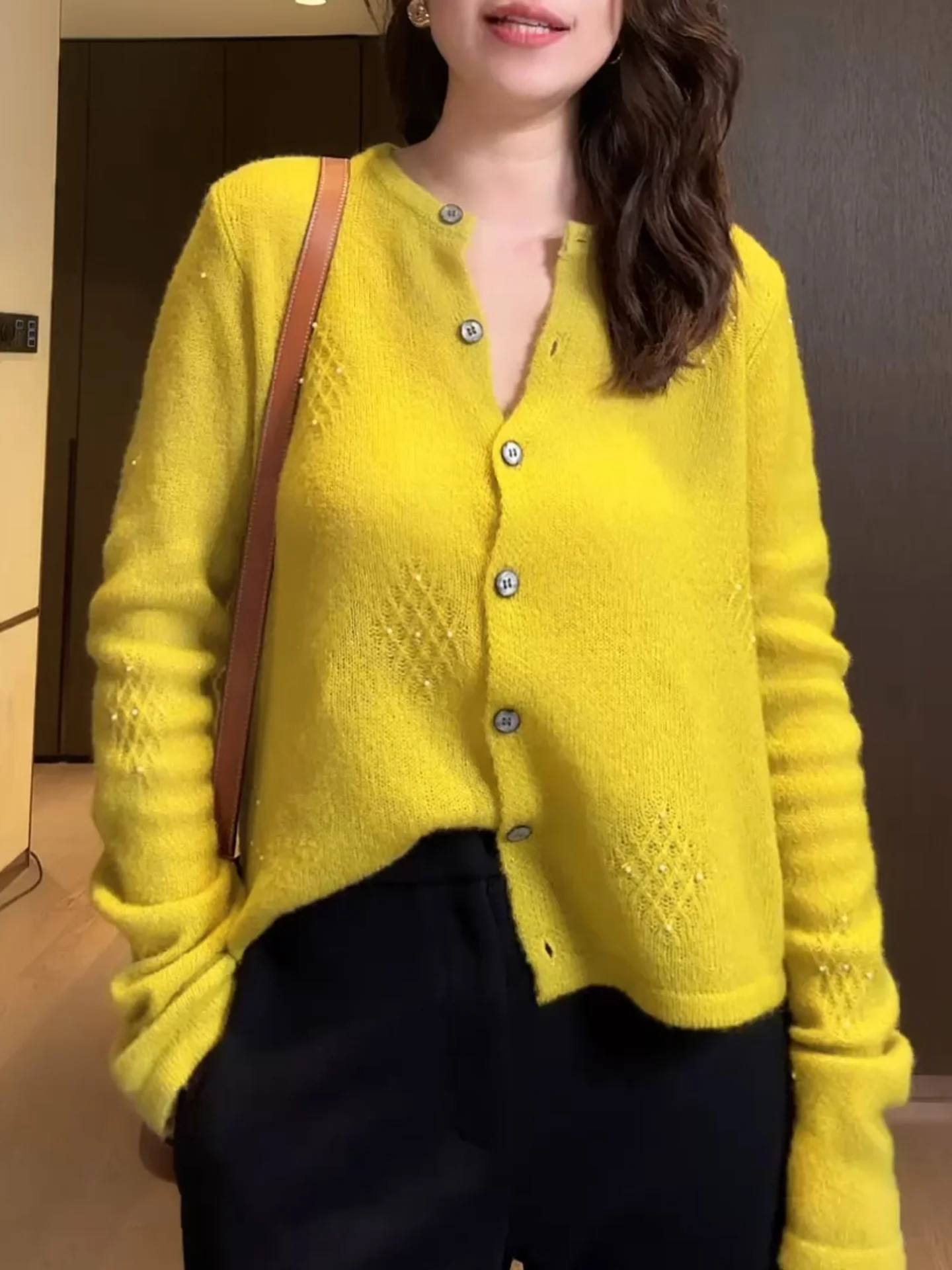 

Yellow Knitted Long Sve round Ne Open Cardigan Women's Premium Autumn Winter Sweater Coat Buttons Design Sensa...