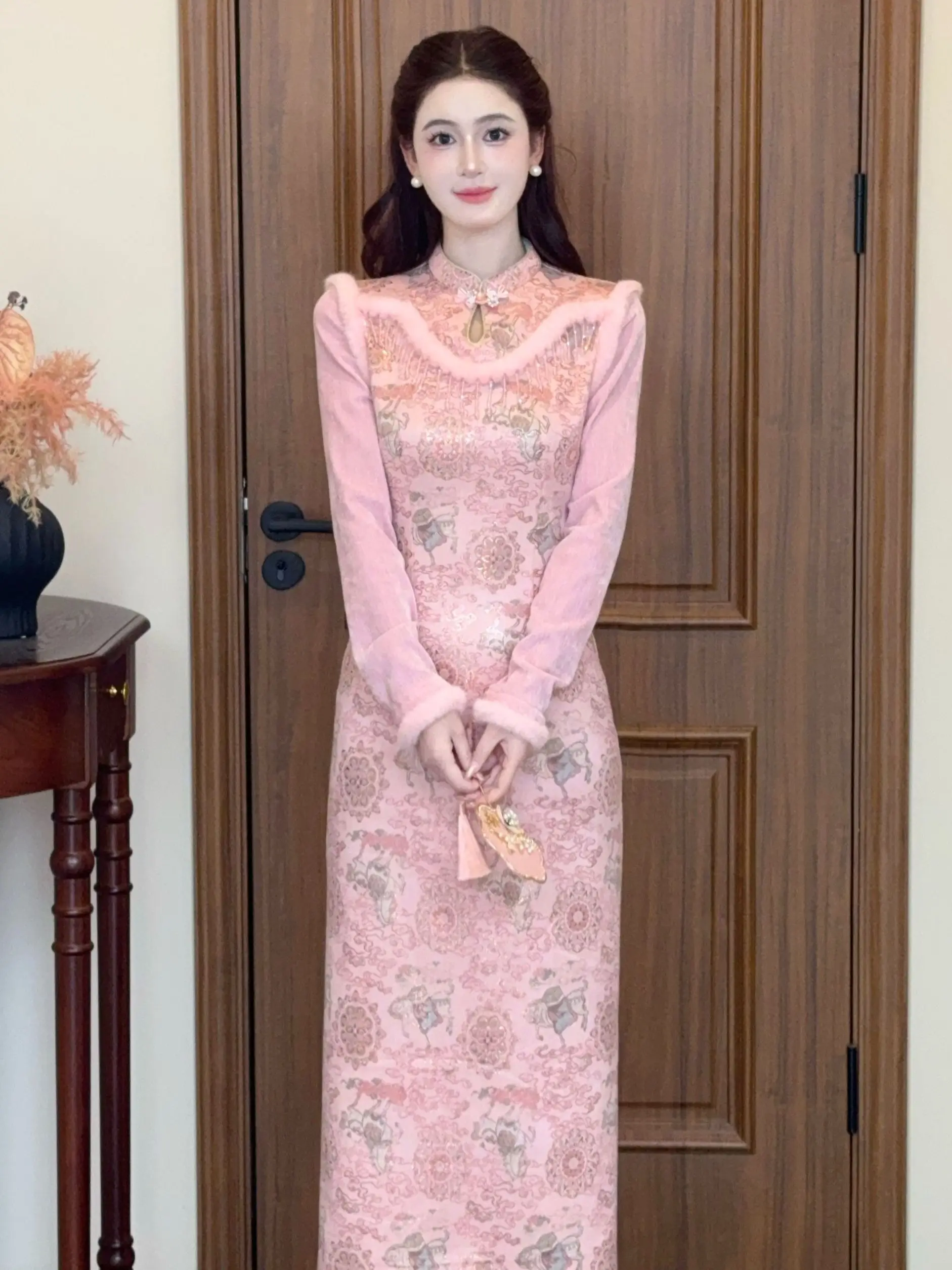 

Платье Lili в китайском стиле для девочек, розовое, в национальном стиле, имитация двух частей, зимнее, с длинным рукавом, с завышенной талией, А-силуэт, юбка-платье