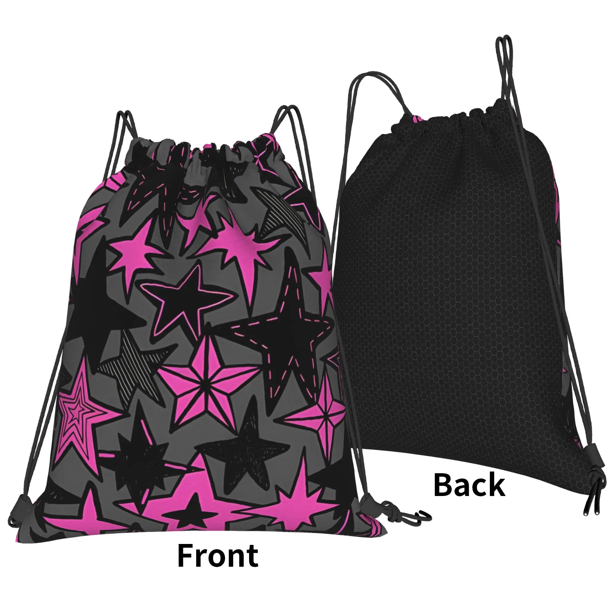Y2K Pink Stars Black Gray And Pink  Graffiti Portable Hiking Riding Gym Drawstring cool gift Storage Backpacks