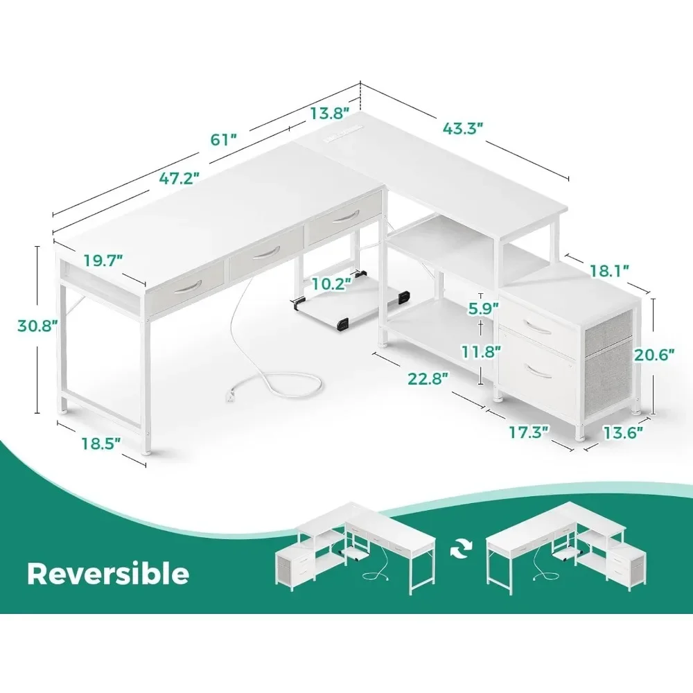 Mesa do computador em forma de L com tomada e Console Rack, reversível Home Office Workstation, branco, 61 pol