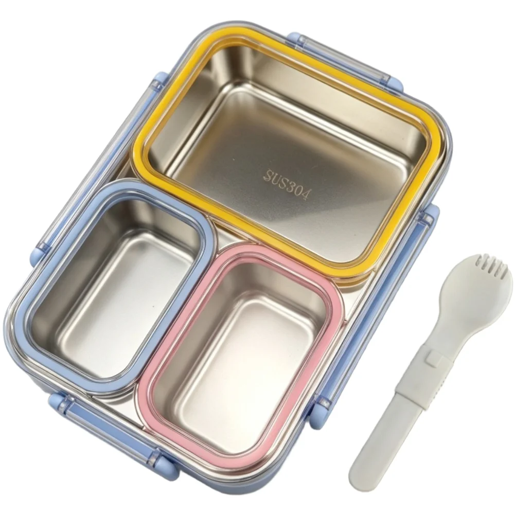 304 Stainless Steel Meal Container with Divider Leak Silicone Seal 800ML Microwave Safe Portable Food Box 24.5x17.5x6cm