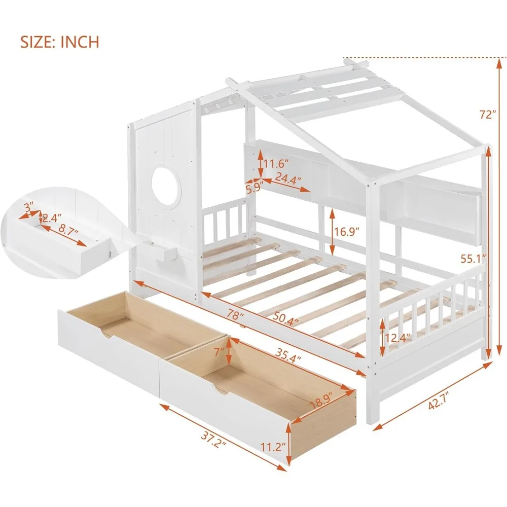 Twin House Bed with Roof & 2 Drawers, Wood Twin Size Montessori Bed with Storage Shelves, Rails and Window for Kids Boys Girls