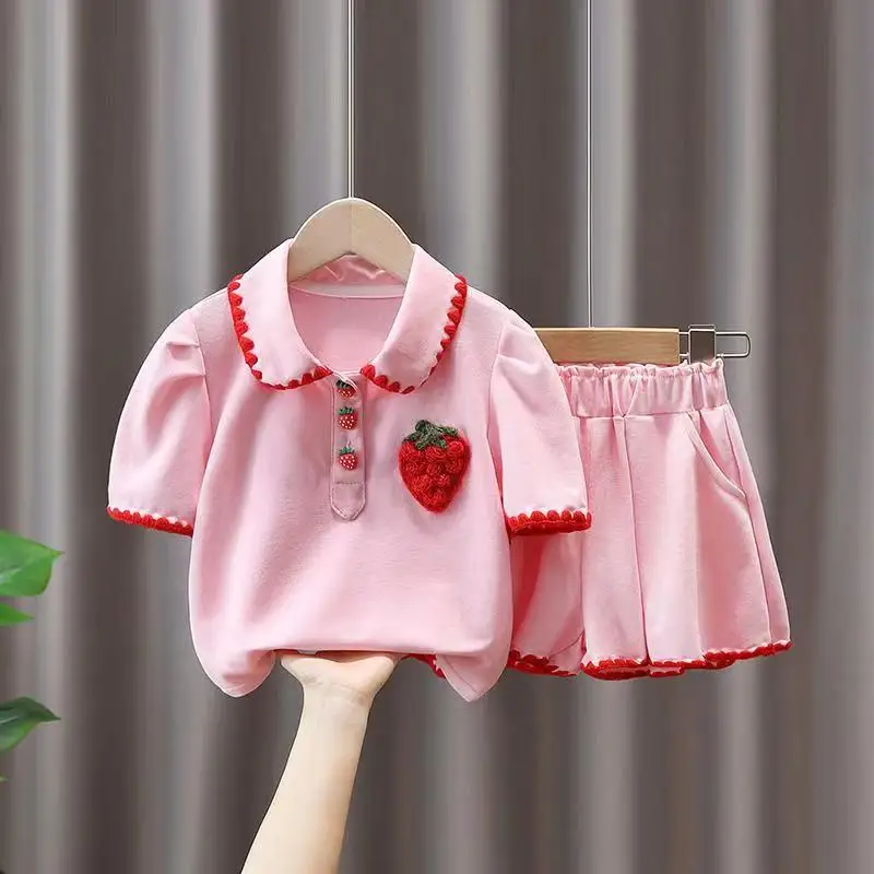 

Girls Summer Set Children's Baby Fashion Short Sleeve Shorts Casual Strawberry Polo Neck 2-Piece Girls Clothing Pink Set