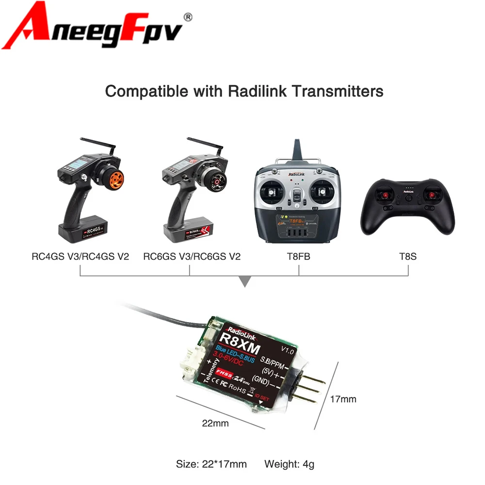 Radiolink 8 Channels Mini Receiver  R8XM 2.4GHz Integrated Telemetry Vehicle Voltage  4000 Meters Control & Telemetry Distance