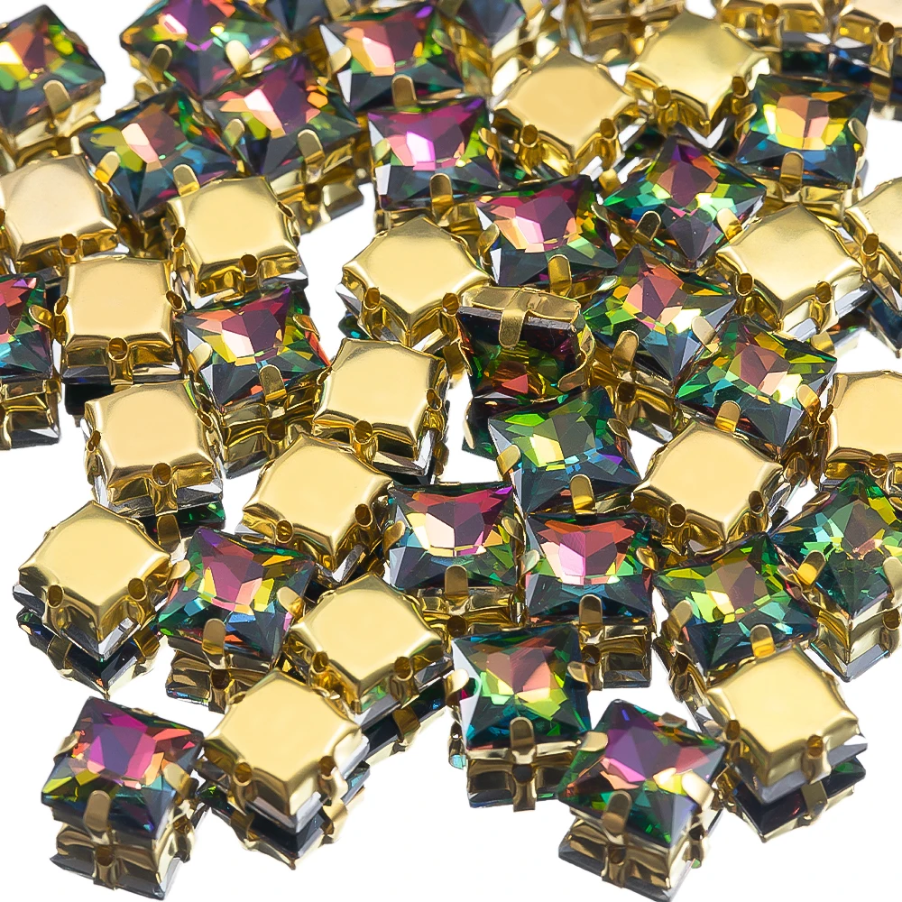 50pcs Golden Sew-on Beads 8mm Square Flashy Imitation Crystal Beads For Needlework Necklace Jewelry Making DIY Dress Decoration