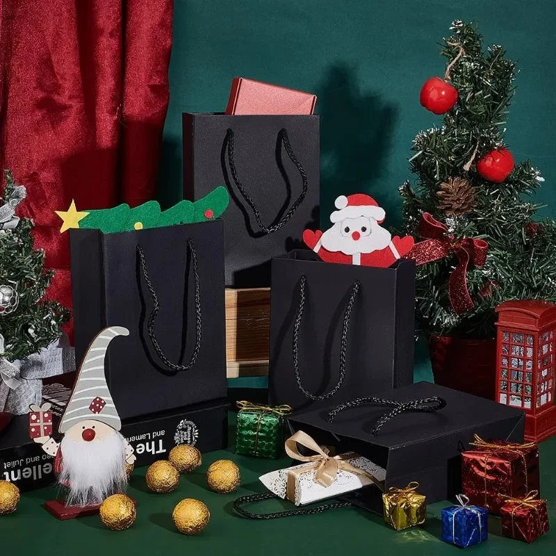 10 Pcs Thickened Kraft Paper Bags Black Paper Gift Bags Shopping Bags with Handles Recyclable Goody Bags for Gift Birthday
