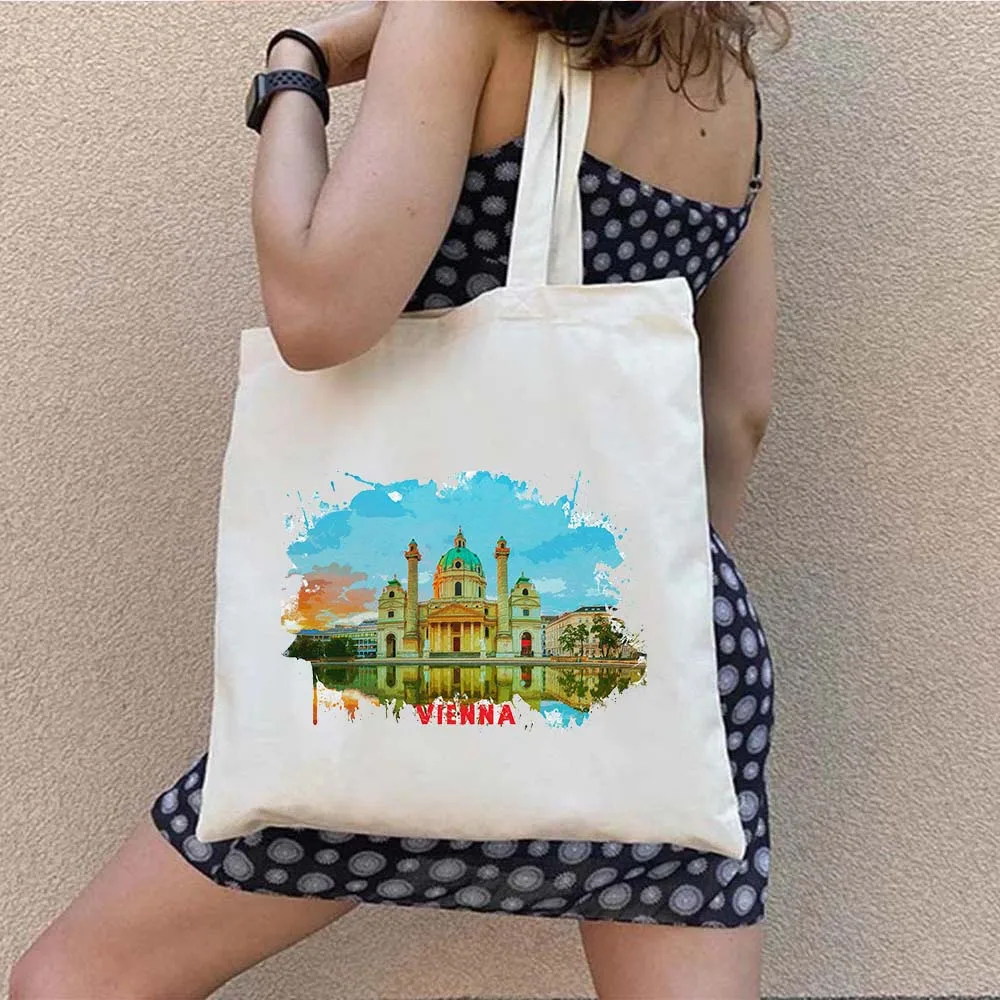 Vienna Austria Zurich Switzerland Watercolor Ink Painting Shoulder Canvas Totes Bag Harajuku Shopping Bag Casual Shopper Handbag