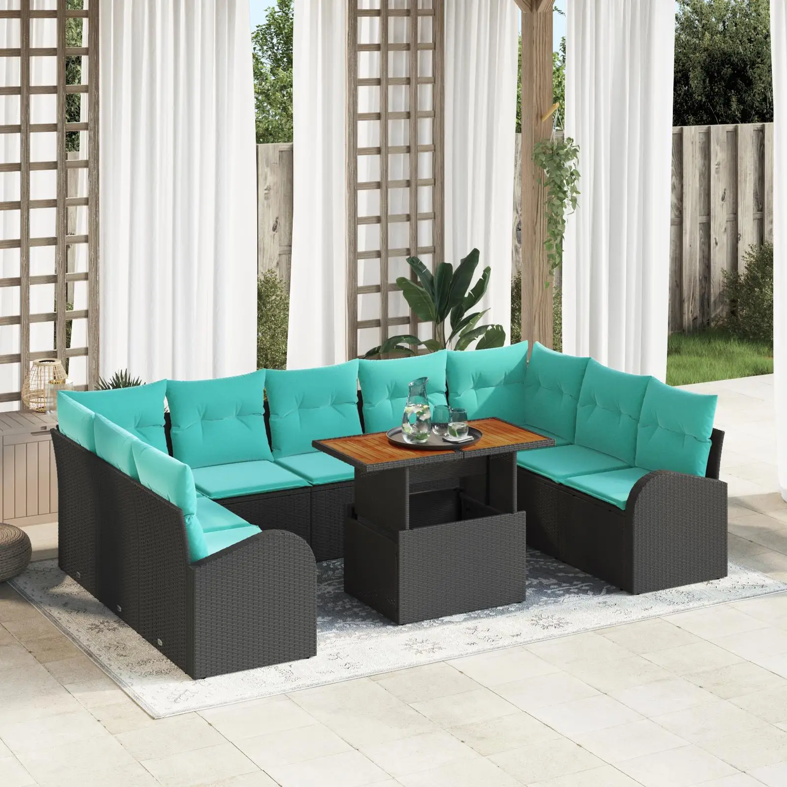 

10 Piece Outdoor Garden Sofa Set with Cushions Black Rattan and Acacia Furniture