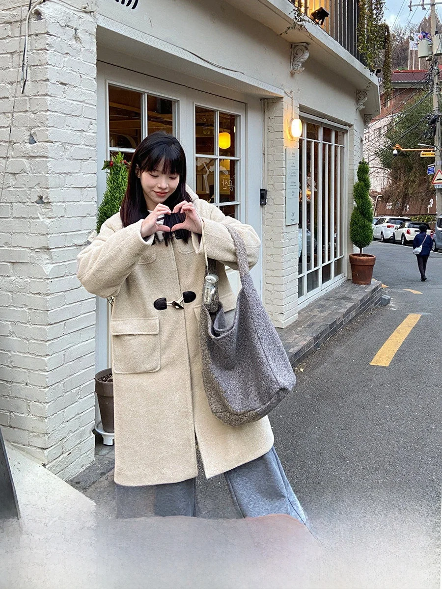 

Milk Rabbit Long Velvet Coat Women's Woolen Coat with Hat Korean Sle Sweet Straight Tube Long Sve Pure Color Winter Jaet