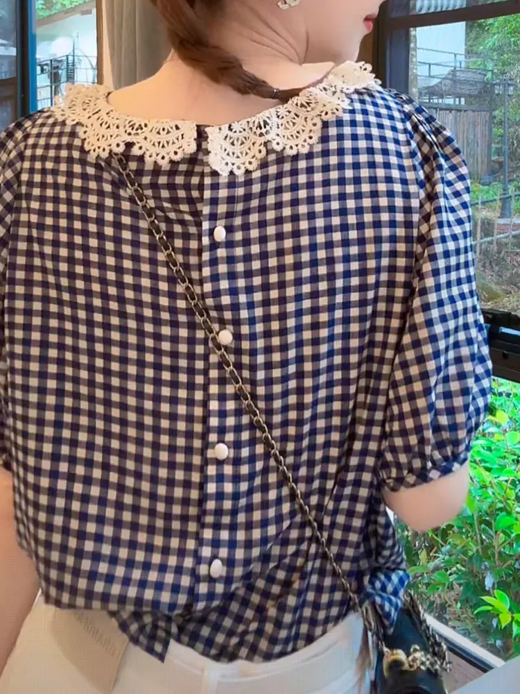 

Ele Lace Trim round Ne ort Sve Summer irt Korean Sle Plaid Geometric Patterned Women's Silk Blouse Top