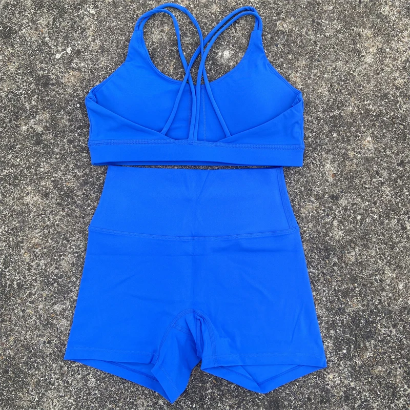Yoga Shorts Set Gym Sports Set 2 Piece Women Workout Outfit Fitness Suit Cross Straps Bra High Waist Shorts Running Tracksuit image 4