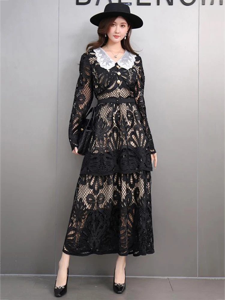 SHENGPALAE French Lace Long Dress Lapel Hollow Out Design Temperament Elegant Female Evening Party Dresses 2025 Spring New 5G272