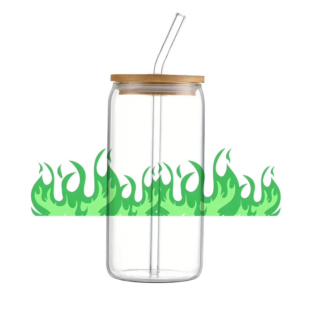 Colorful Hot Fire Flame Pattern UV DTF Transfer Sticker Waterproof Transfers Decals For 16oz Glass Cup Wrap Stickers