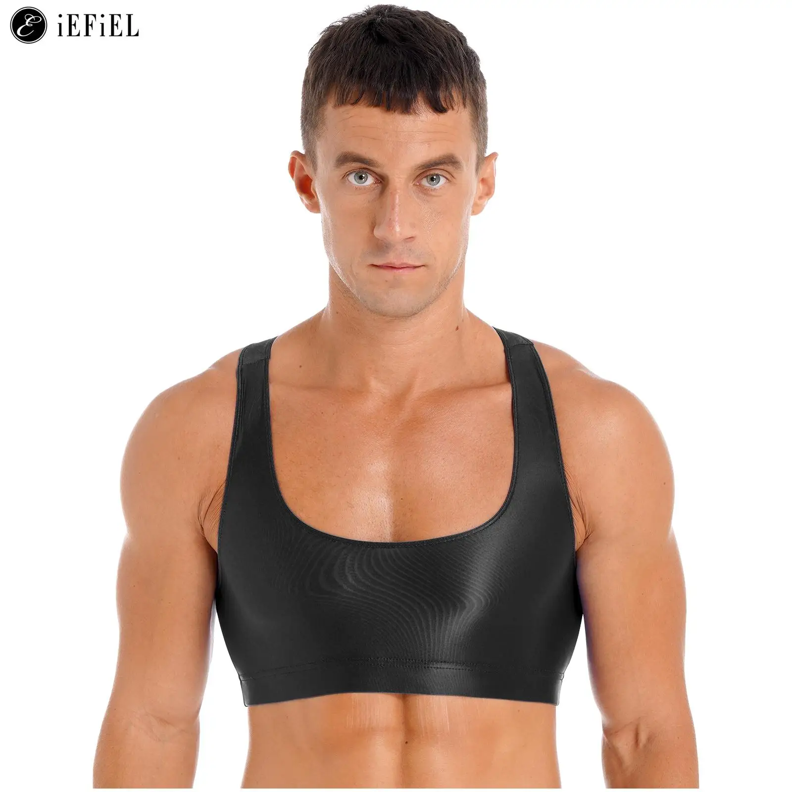 Men's Shiny Oil Sleeveless Racerback Muscle Crop Tops Vest Gym Workout Fitness Running Athletic Tee Shirt Singlet Sportwear