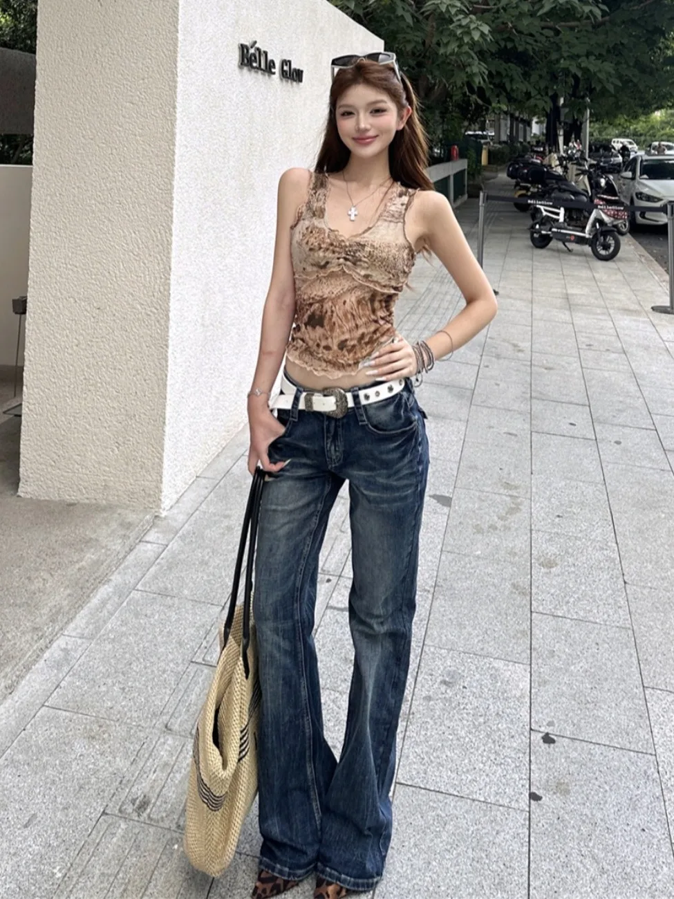 

Low Waist Bell Bottom Denim Skirt And Mesh Vest Two Piece Set Chic American Hot Girl Summer New Arrival Women's Fashion Set