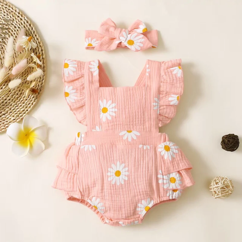 Summer Newborn Infant Baby Girls Romper Bow Headband 2pcs Set Sunflower Print Sleeveless Cute Kids Onepiece Jumpsuit 0-18 Month