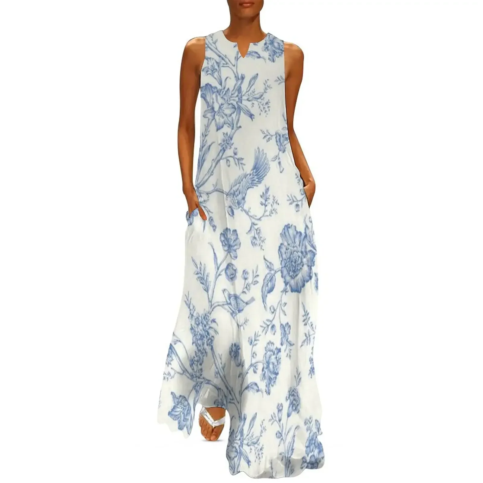 

Blue Bird Toile Long Dress dress korean style sexy dress dresses korean style long sleeve