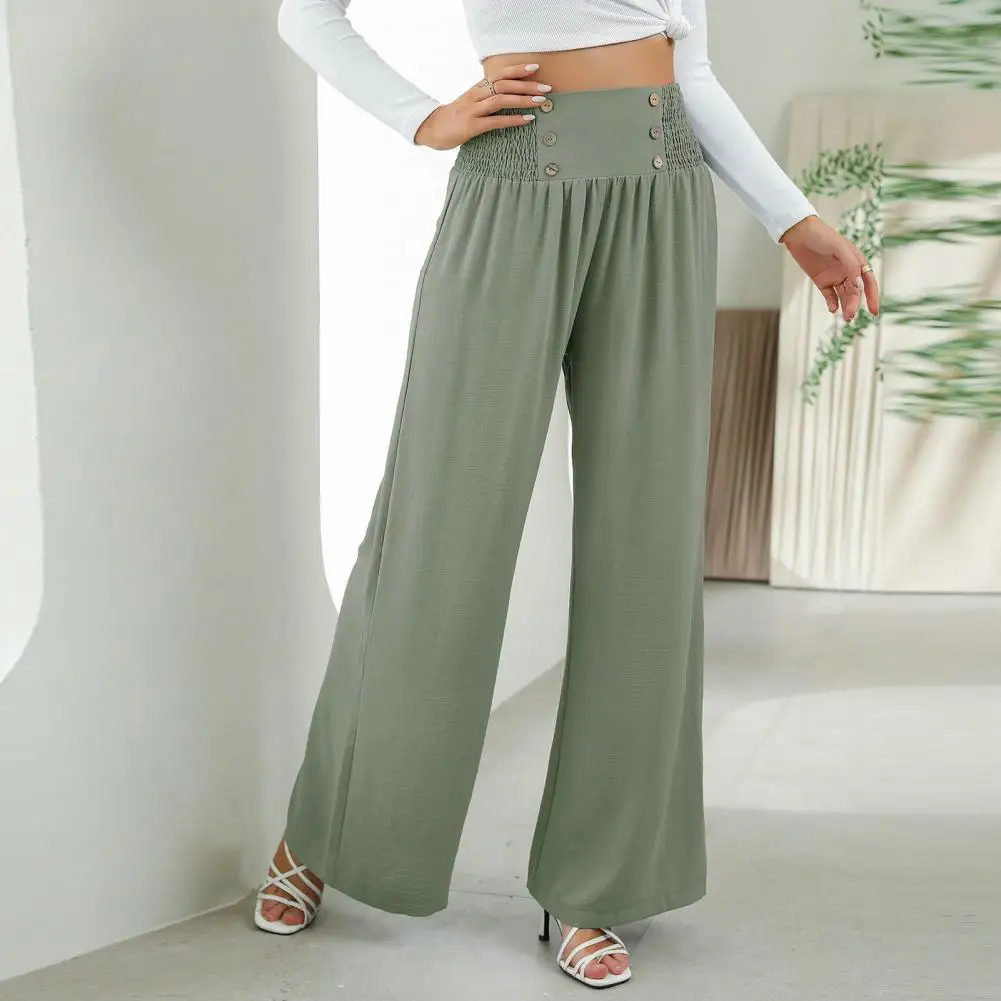 

Women Pants Elastic Waist Wide Leg Loose Pleated Solid Color Button Decor Full Length Soft Deep Crotch High Waist Lady Trousers