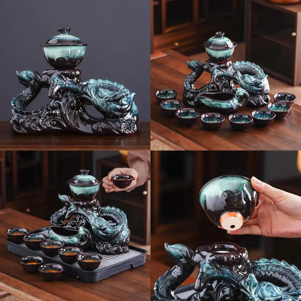 

Ceramic Semi-Automatic Magic Teapot with Infuser and 8 Gradient Dragon Cups
