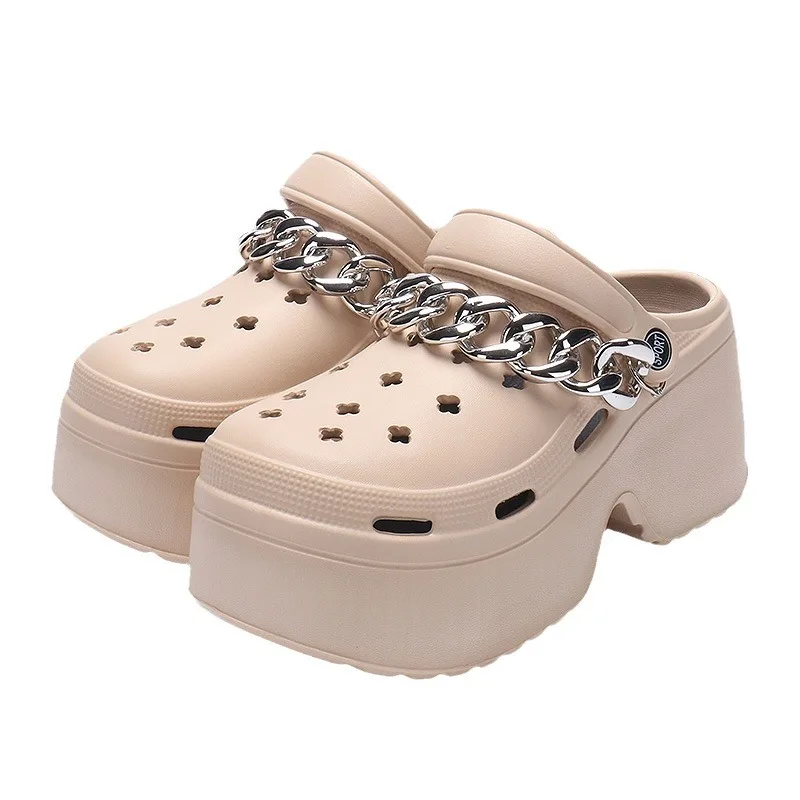 New Sandal Slippers DIY Silver Chains Clogs Women Mules Summer Beach Sandals Cave Hole Female Garden Shoe For Students Girls