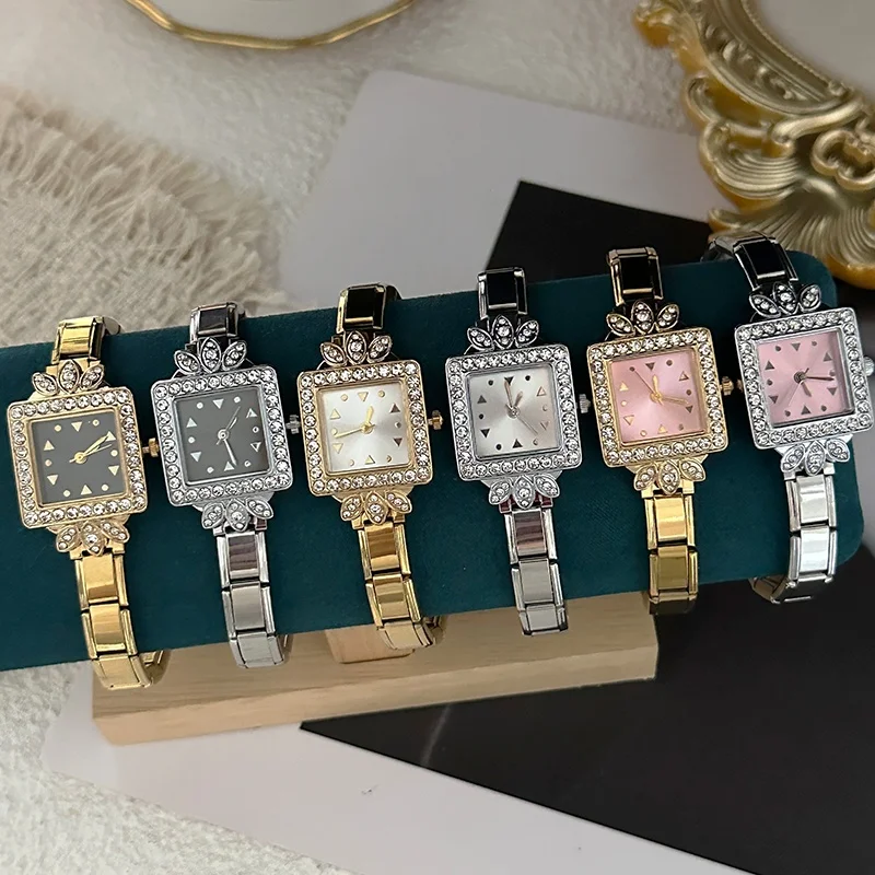 Vintage Zircon 9MM Width Italian Charm Square Round Watch Head High Quality Stainless Steel Bracelets Bangle For Birthday Gifts