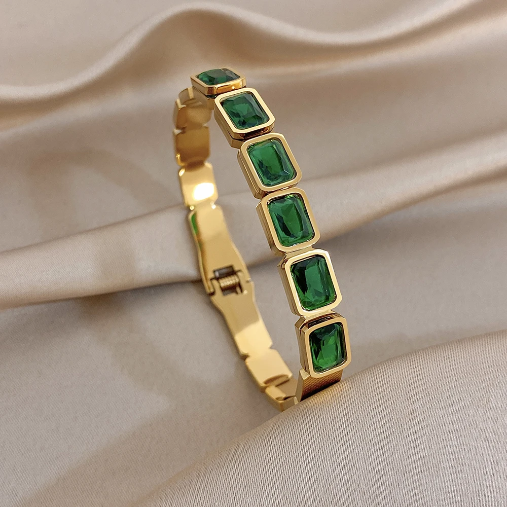 Vintage Green Zircon Block Bamboo Knot Stainless Steel Bangle for Women New Golden Waterproof Spring Bracelet Lady Jewelry Gift