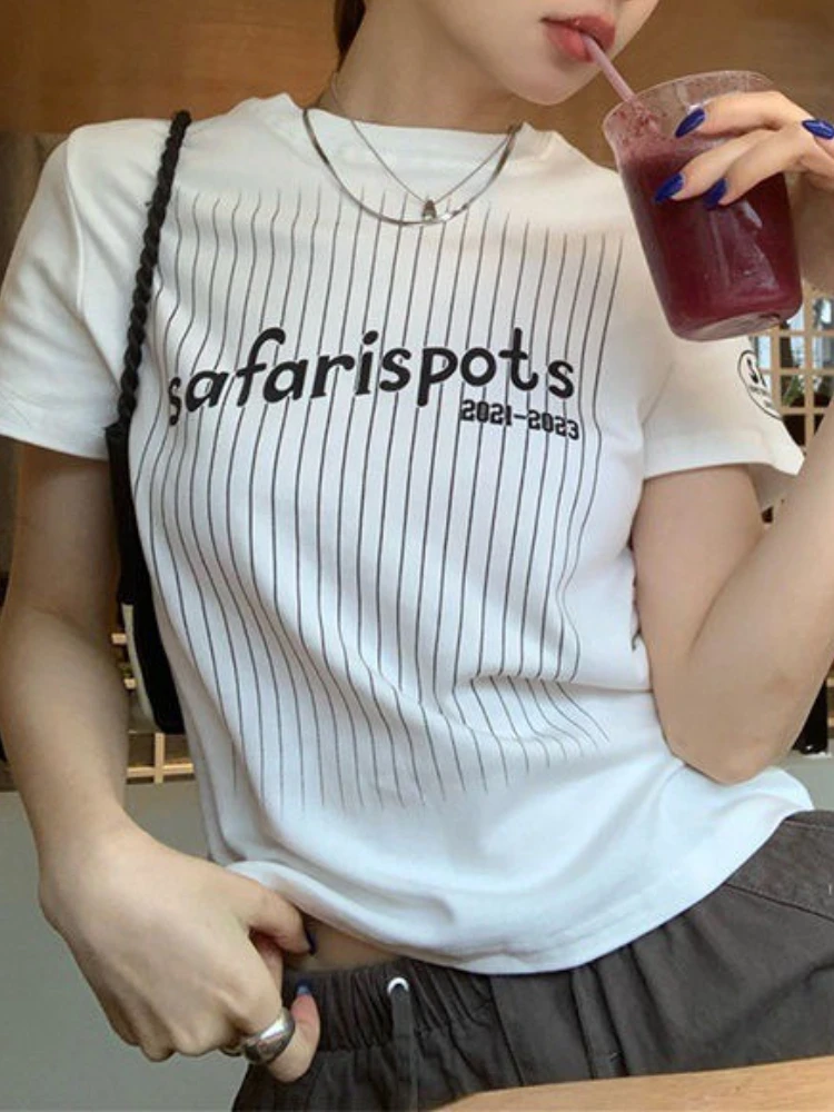 

Y2k облегающая полосатая футболка с надписью, женские корейские модные футболки с короткими рукавами, уличная одежда, летняя женская одежда, повседневные топы 2025