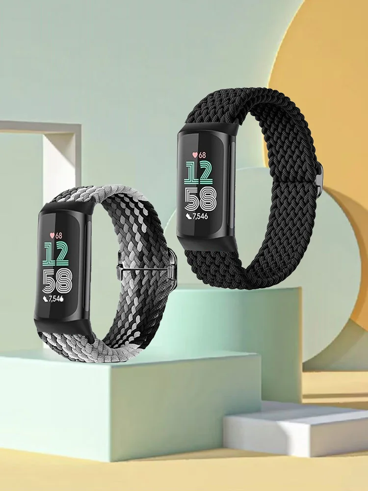 2 Stuks Sport Nylon Gevlochten Band Armbanden Rekbaar Voor Fitbit Charge 5/6 Elastische Band Lus Voor Fitbit Versa 3/4 Smart horloge