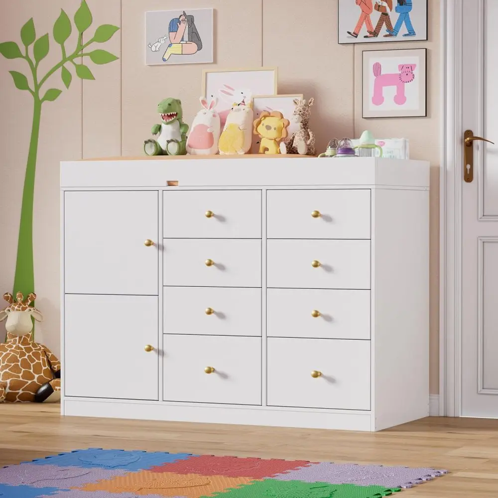 Baby Classic Nursery Dresser with 8 Drawers and 2 Cabinet, Multi-Functional Baby Changing Table, Diaper Changing Station for Children's Room