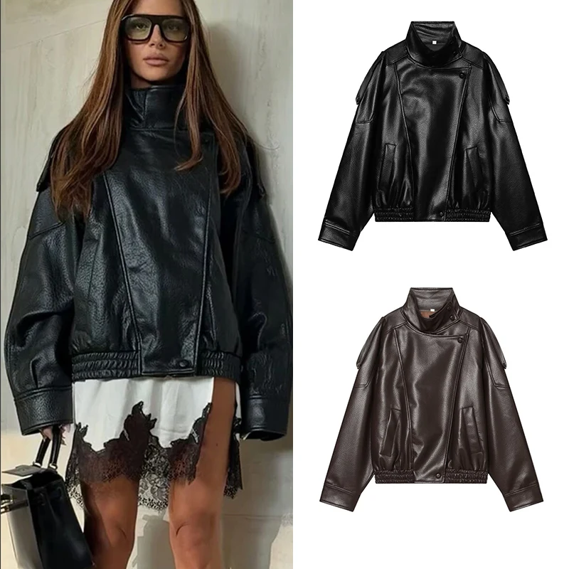 Damen-Kunstlederjacke, 2025, neue Mode, Herbst, schwarz, langärmelig, Kieselsteinjacke, Motorrad-Stil, Persönlichkeit, Damenjacke