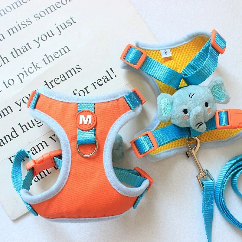 Cute Cartoon Pet Dog Harness and Leash Set for Small Medium Dogs Puppy Teddy Bichon Breathable No-Pull Vest Lead