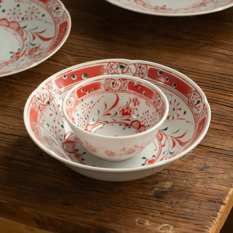 Japanese-Style Mino-yaki Red-Painted Floral Bowl & Plate Set, Rice Bowl, Deep Veggie Plate, Solo Soup Bowl